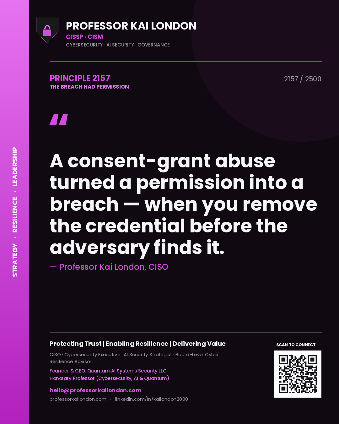 Professor Kai London principle 2157: A consent-grant abuse turned a permission into a breach — when you remove the credential before the adversary finds it.