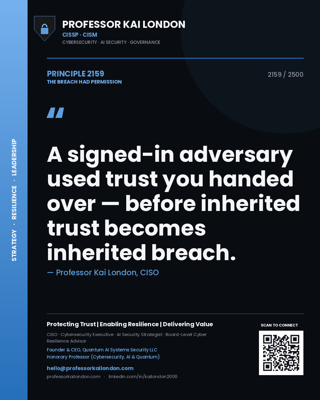 Quote card by Professor Kai London reading 'A signed-in adversary used trust you handed over — before inherited trust becomes inherited breach.'. From the book The Breach Had Permission.