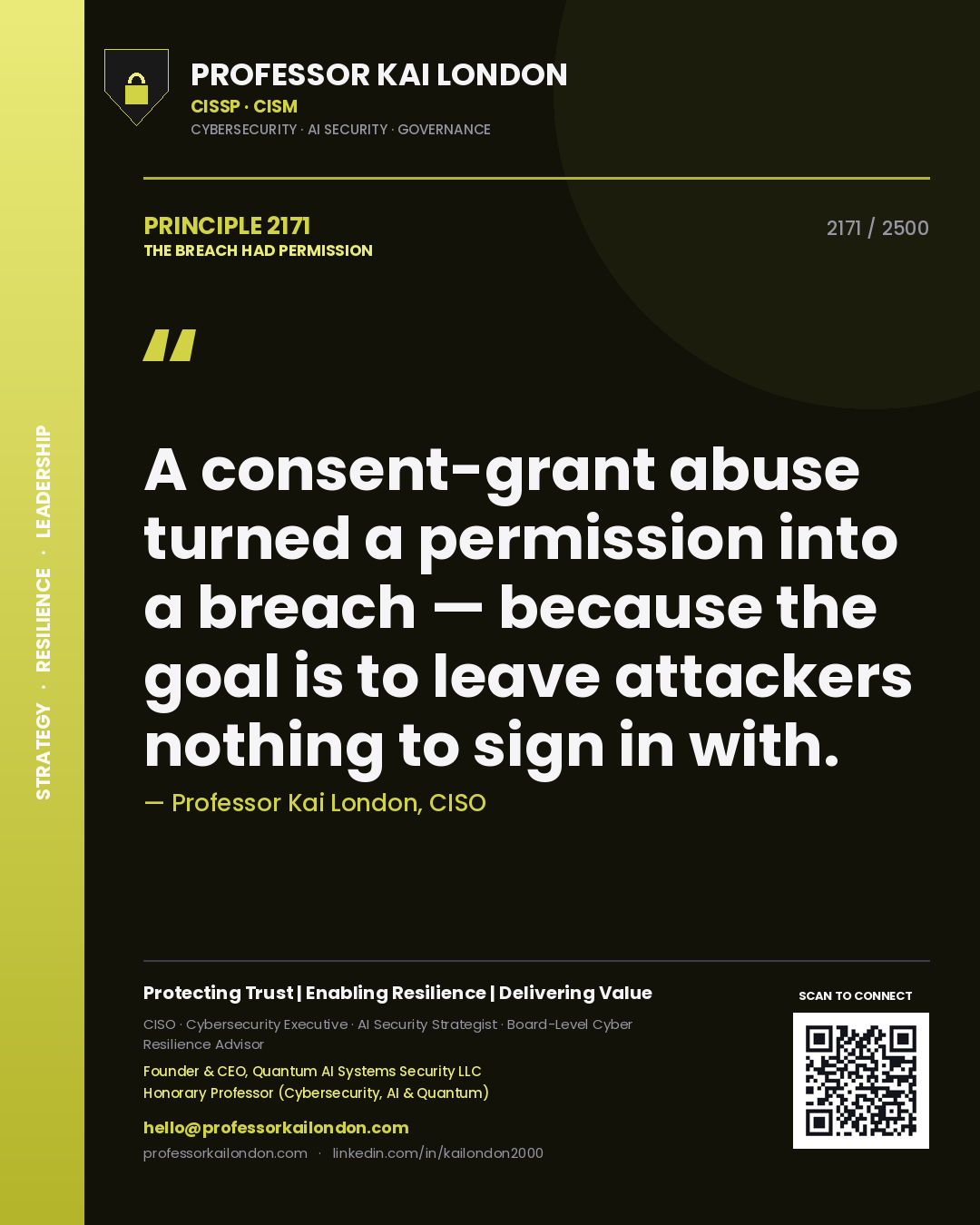 Professor Kai London principle 2171: A consent-grant abuse turned a permission into a breach — because the goal is to leave attackers nothing to sign in with.