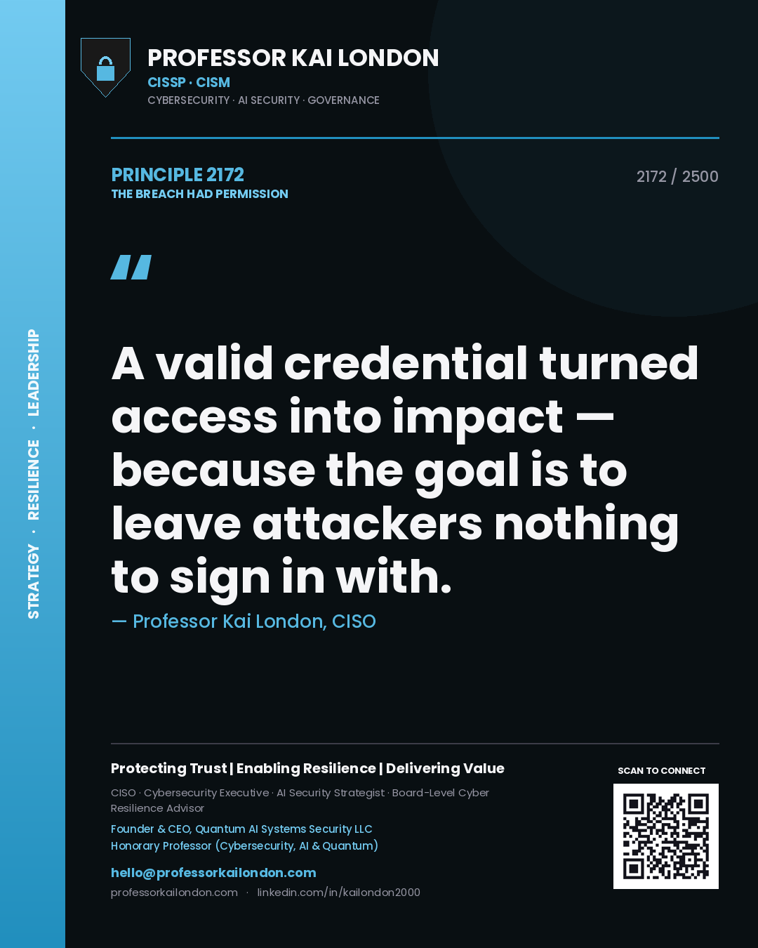 Professor Kai London principle 2172: A valid credential turned access into impact — because the goal is to leave attackers nothing to sign in with.