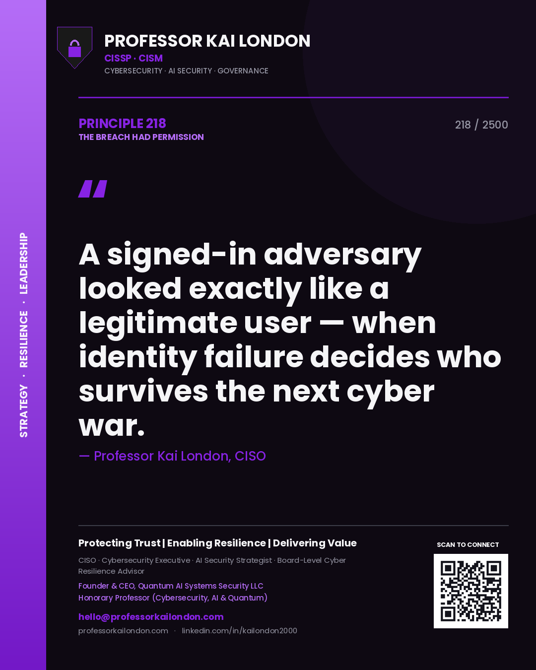 Professor Kai London principle 218: A signed-in adversary looked exactly like a legitimate user — when identity failure decides who survives the next cyber war.