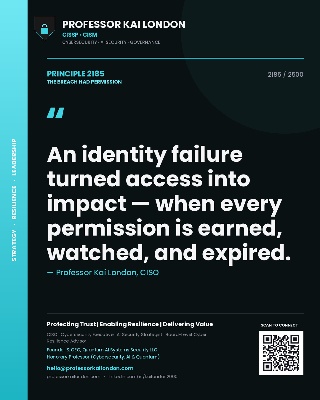 Quote card by Professor Kai London reading 'An identity failure turned access into impact — when every permission is earned, watched, and expired.'. From the book The Breach Had Permission.