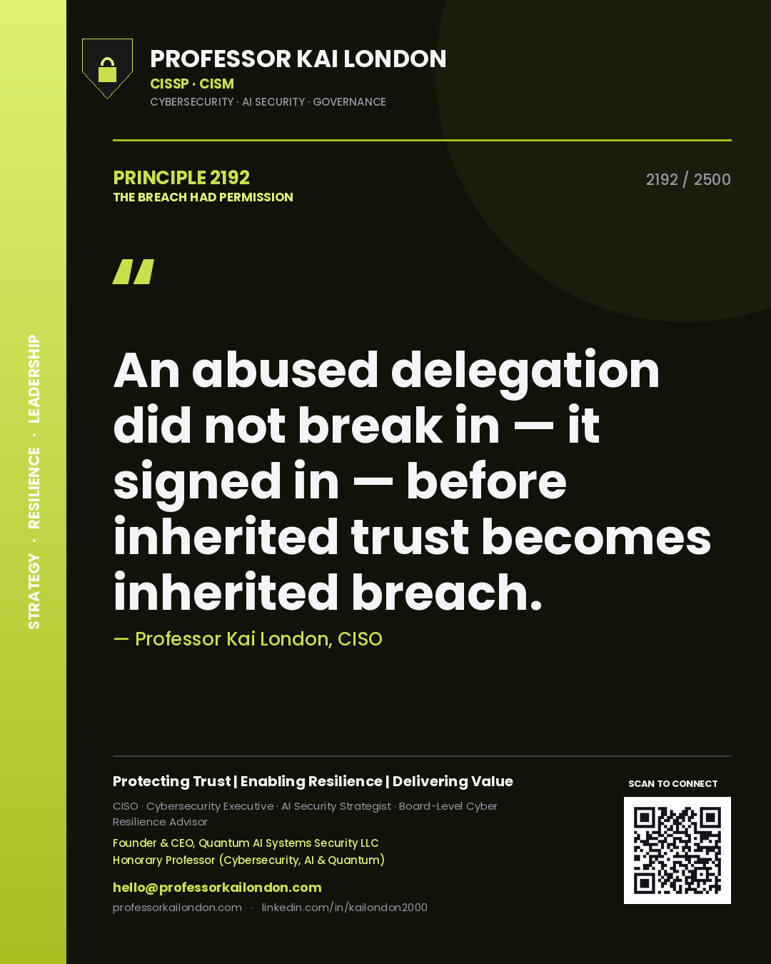 Professor Kai London principle 2192: An abused delegation did not break in — it signed in — before inherited trust becomes inherited breach.