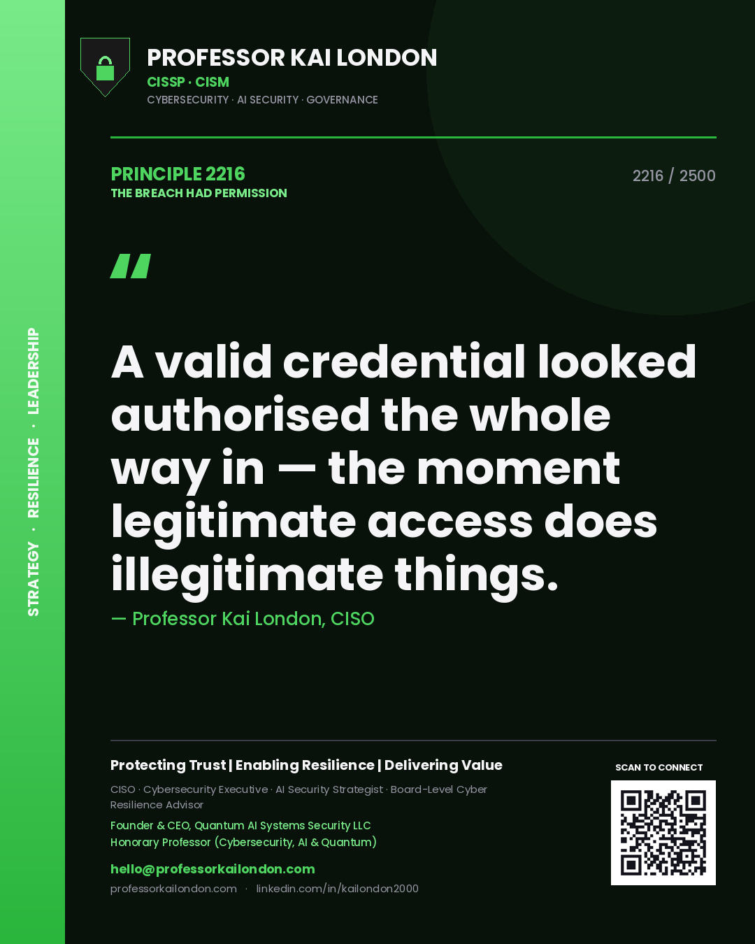 Professor Kai London principle 2216: A valid credential looked authorised the whole way in — the moment legitimate access does illegitimate things.