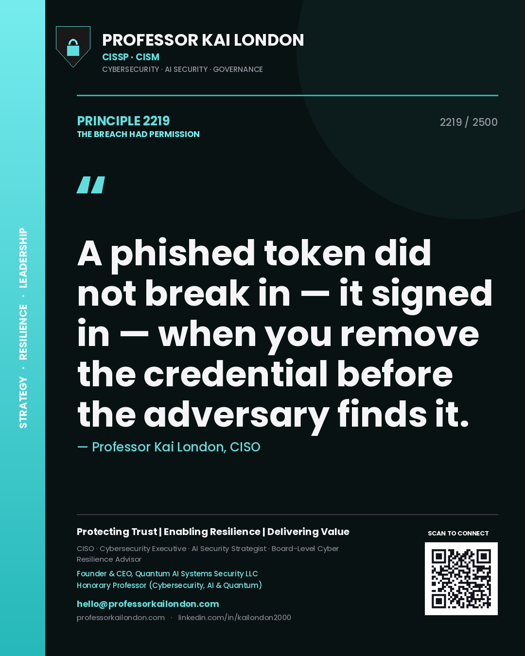 Professor Kai London principle 2219: A phished token did not break in — it signed in — when you remove the credential before the adversary finds it.