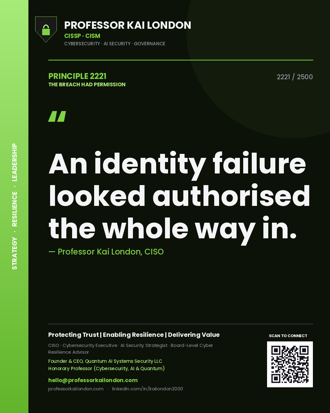Professor Kai London principle 2221: An identity failure looked authorised the whole way in.