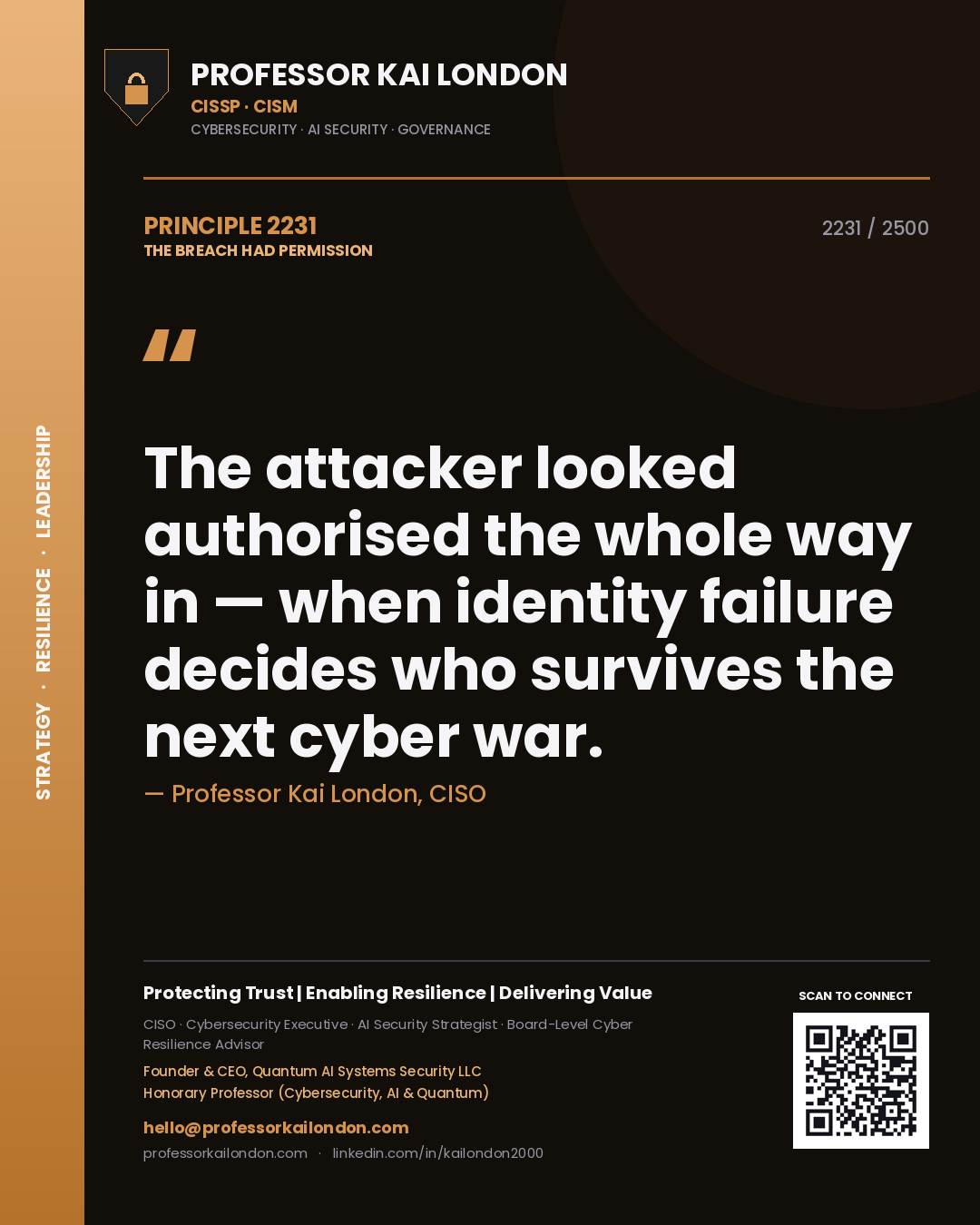 Professor Kai London principle 2231: The attacker looked authorised the whole way in — when identity failure decides who survives the next cyber war.
