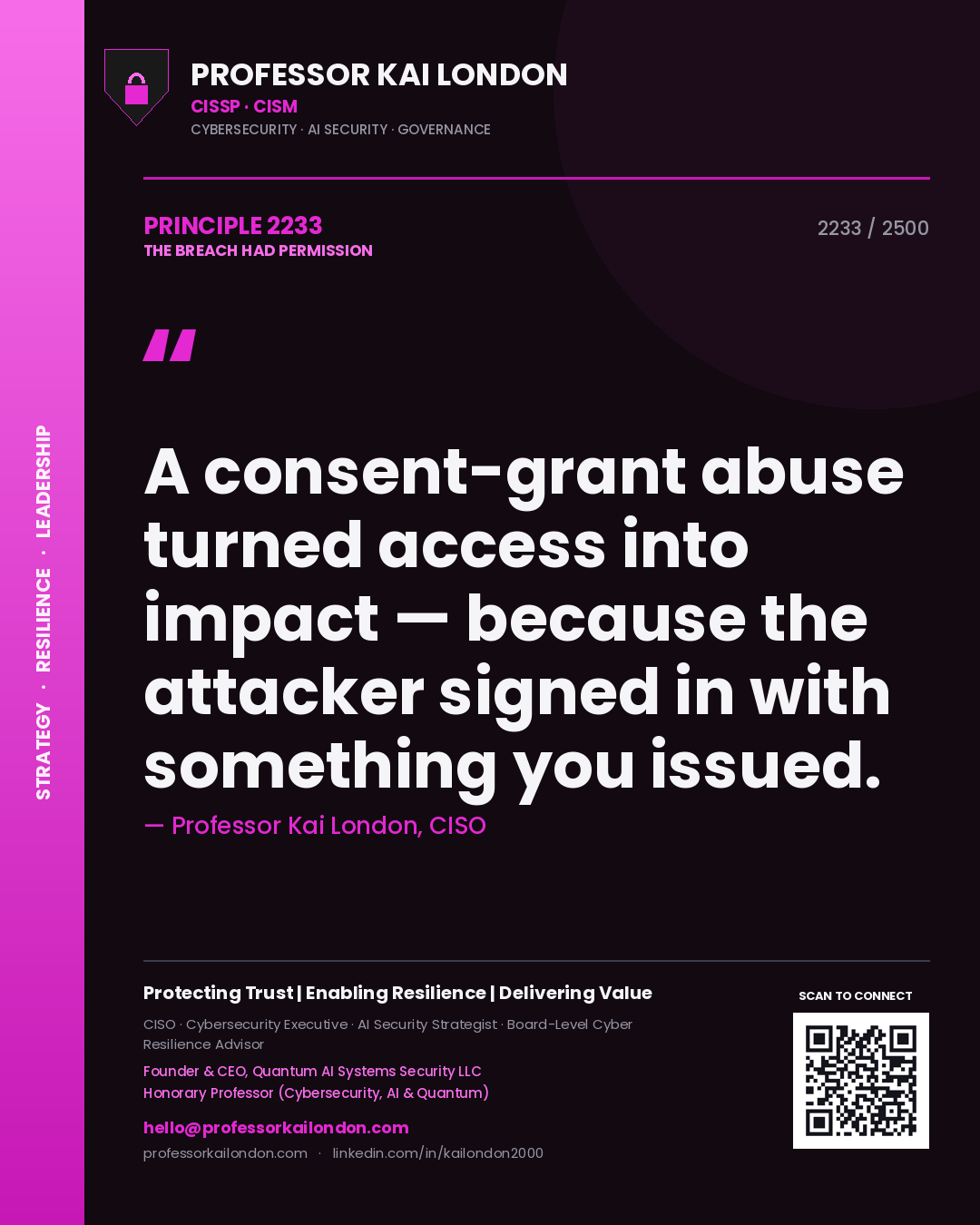 Quote card by Professor Kai London reading 'A consent-grant abuse turned access into impact — because the attacker signed in with something you issued.'. From the book The Breach Had Permission.