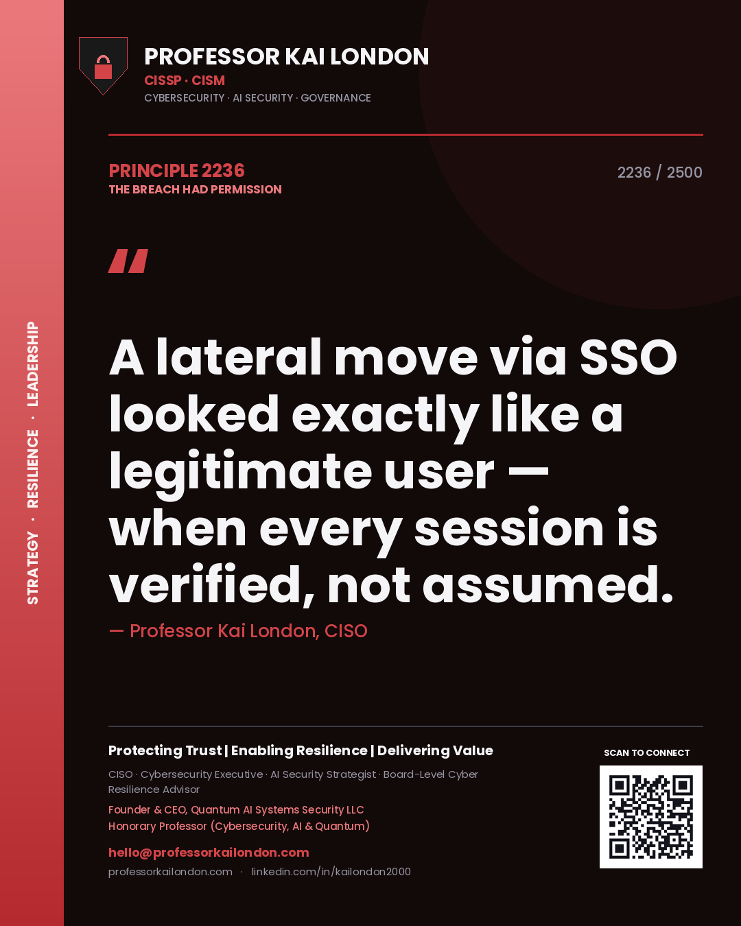 Professor Kai London principle 2236: A lateral move via SSO looked exactly like a legitimate user — when every session is verified, not assumed.