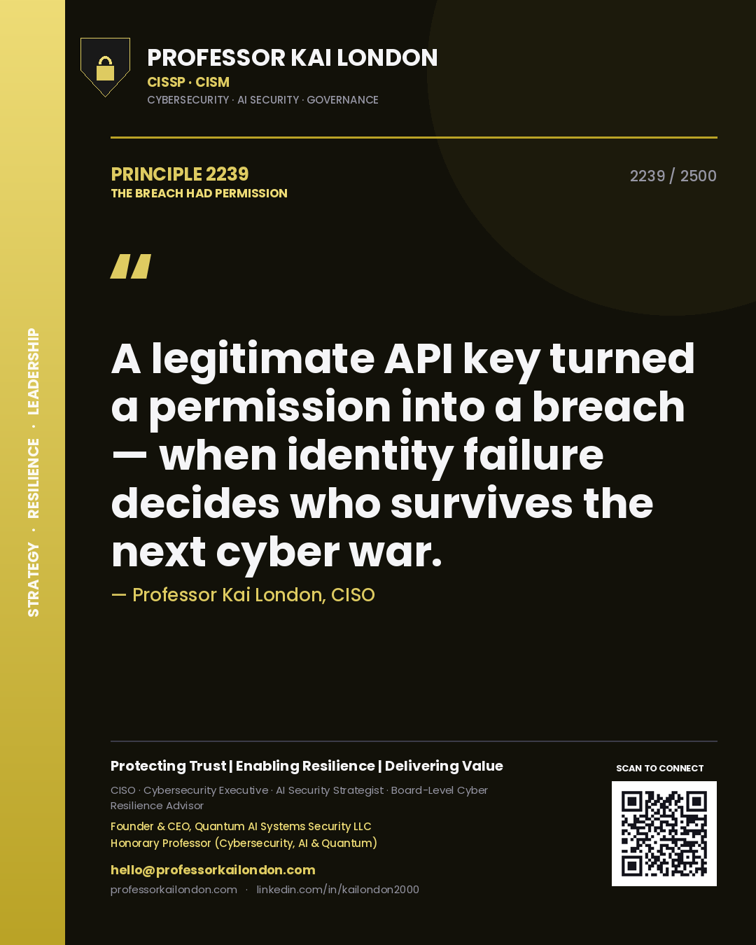 Professor Kai London principle 2239: A legitimate API key turned a permission into a breach — when identity failure decides who survives the next cyber war.