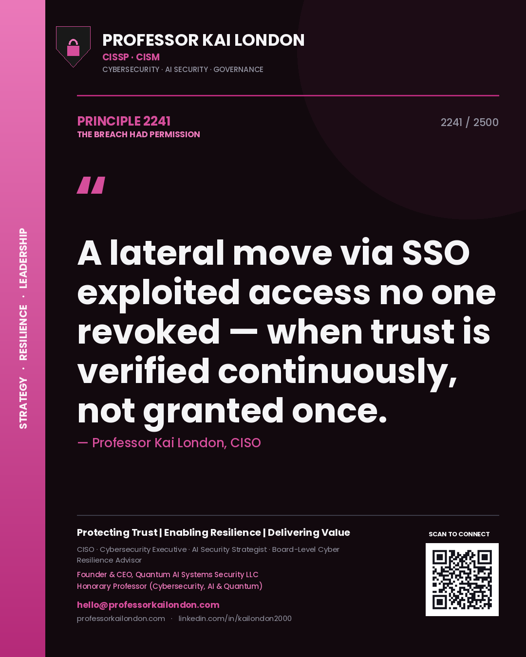 Professor Kai London principle 2241: A lateral move via SSO exploited access no one revoked — when trust is verified continuously, not granted once.