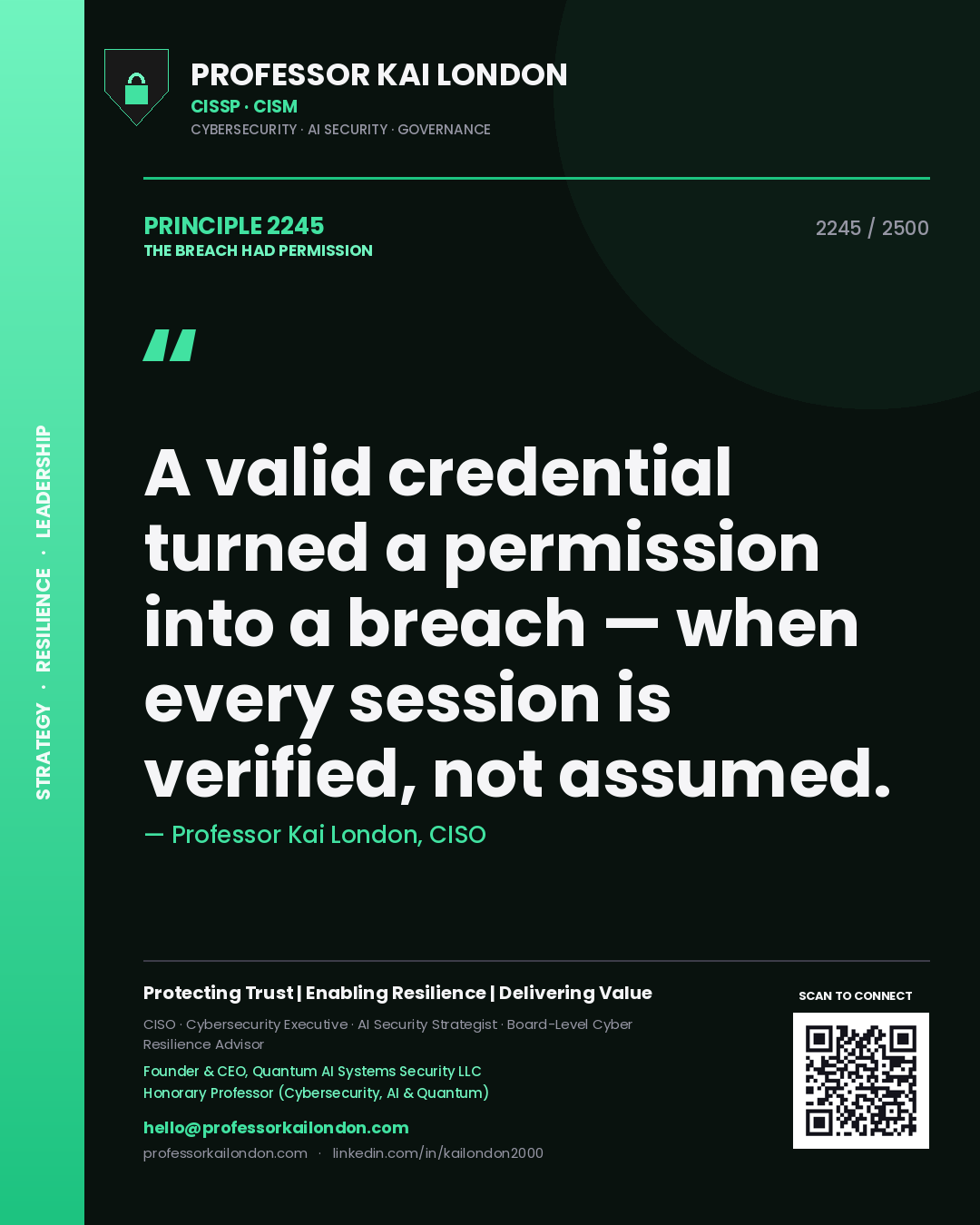 Quote card by Professor Kai London reading 'A valid credential turned a permission into a breach — when every session is verified, not assumed.'. From the book The Breach Had Permission.