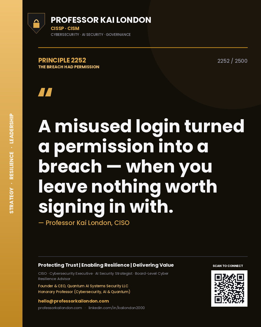 Quote card by Professor Kai London reading 'A misused login turned a permission into a breach — when you leave nothing worth signing in with.'. From the book The Breach Had Permission.