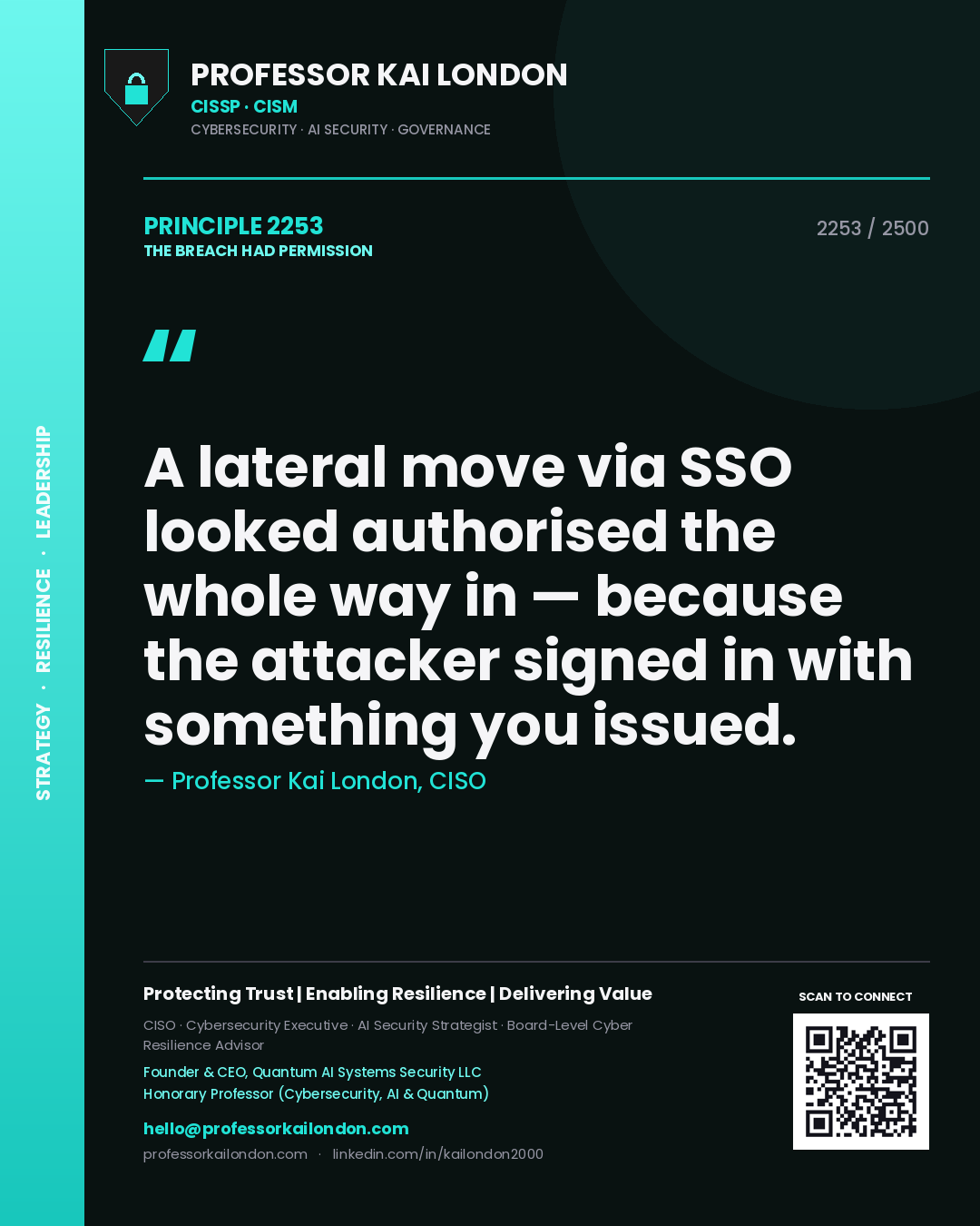 Professor Kai London principle 2253: A lateral move via SSO looked authorised the whole way in — because the attacker signed in with something you issued.