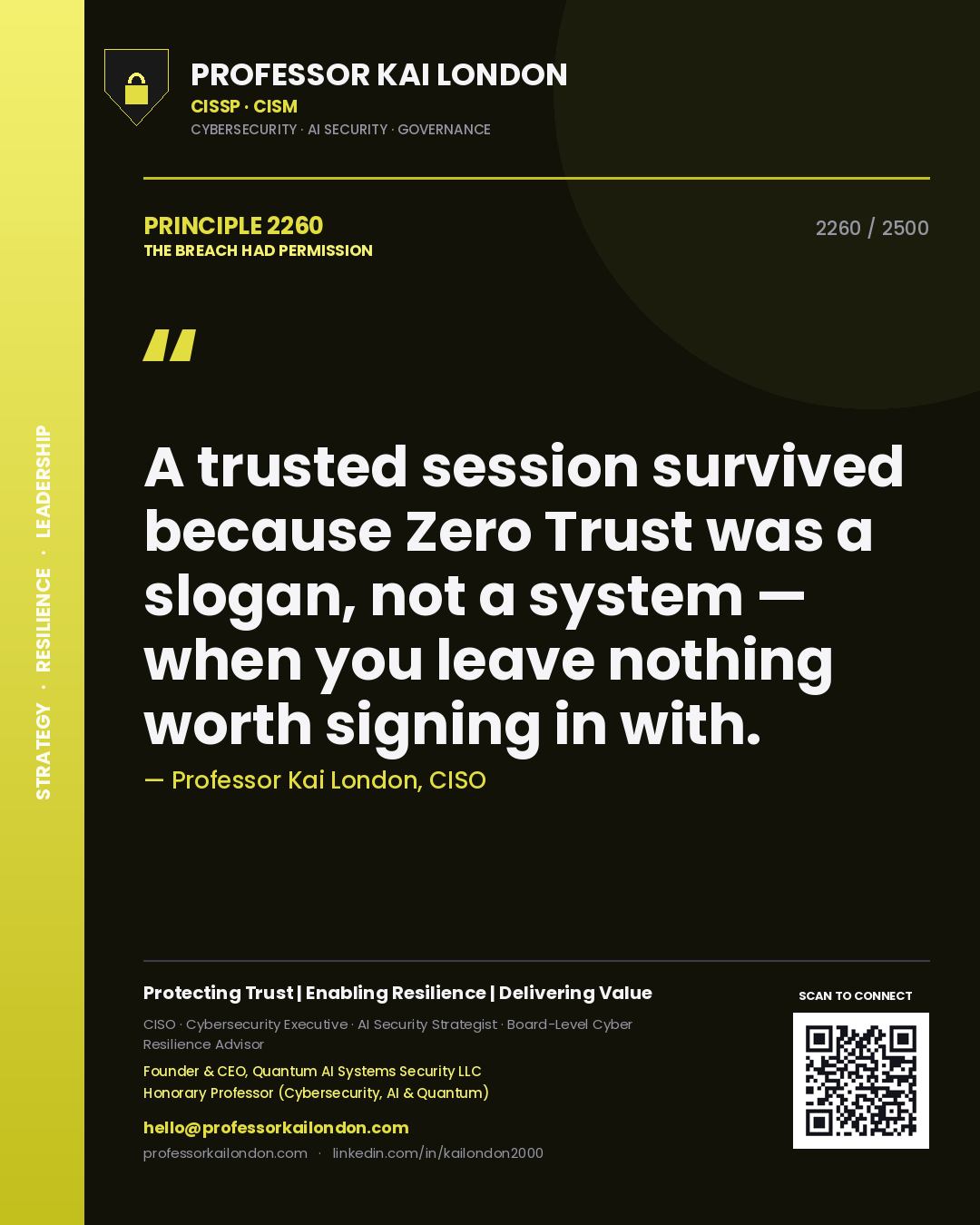 Quote card by Professor Kai London reading 'A trusted session survived because Zero Trust was a slogan, not a system — when you leave nothing worth signing in with.'. From the book The Breach Had Permission.