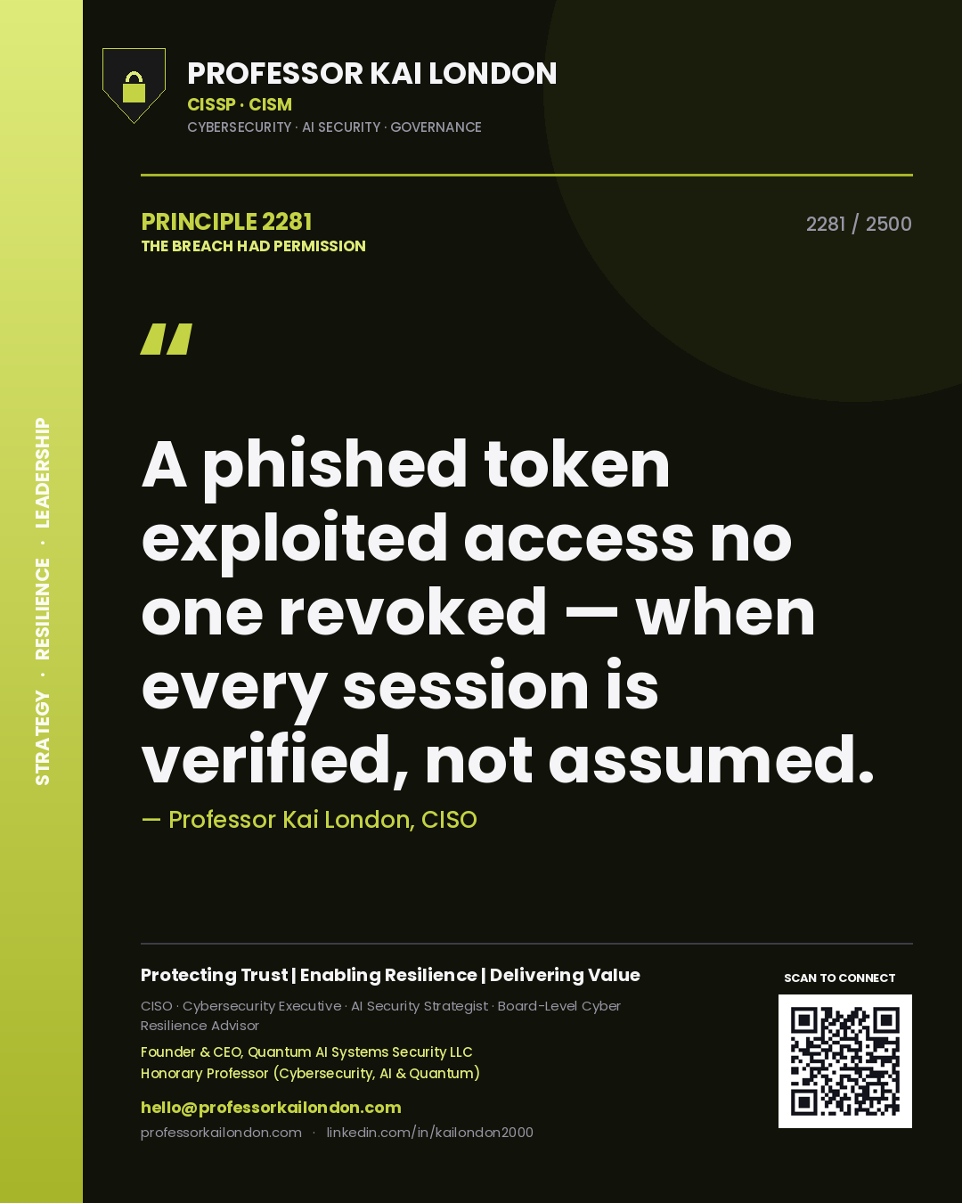 Professor Kai London principle 2281: A phished token exploited access no one revoked — when every session is verified, not assumed.