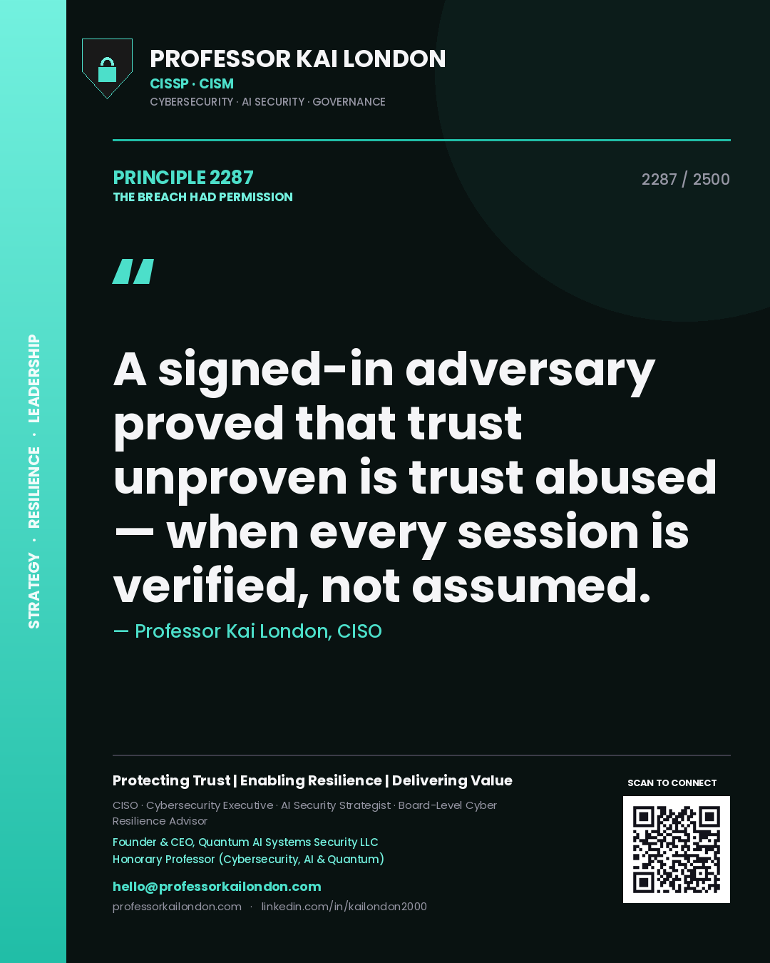 Professor Kai London principle 2287: A signed-in adversary proved that trust unproven is trust abused — when every session is verified, not assumed.