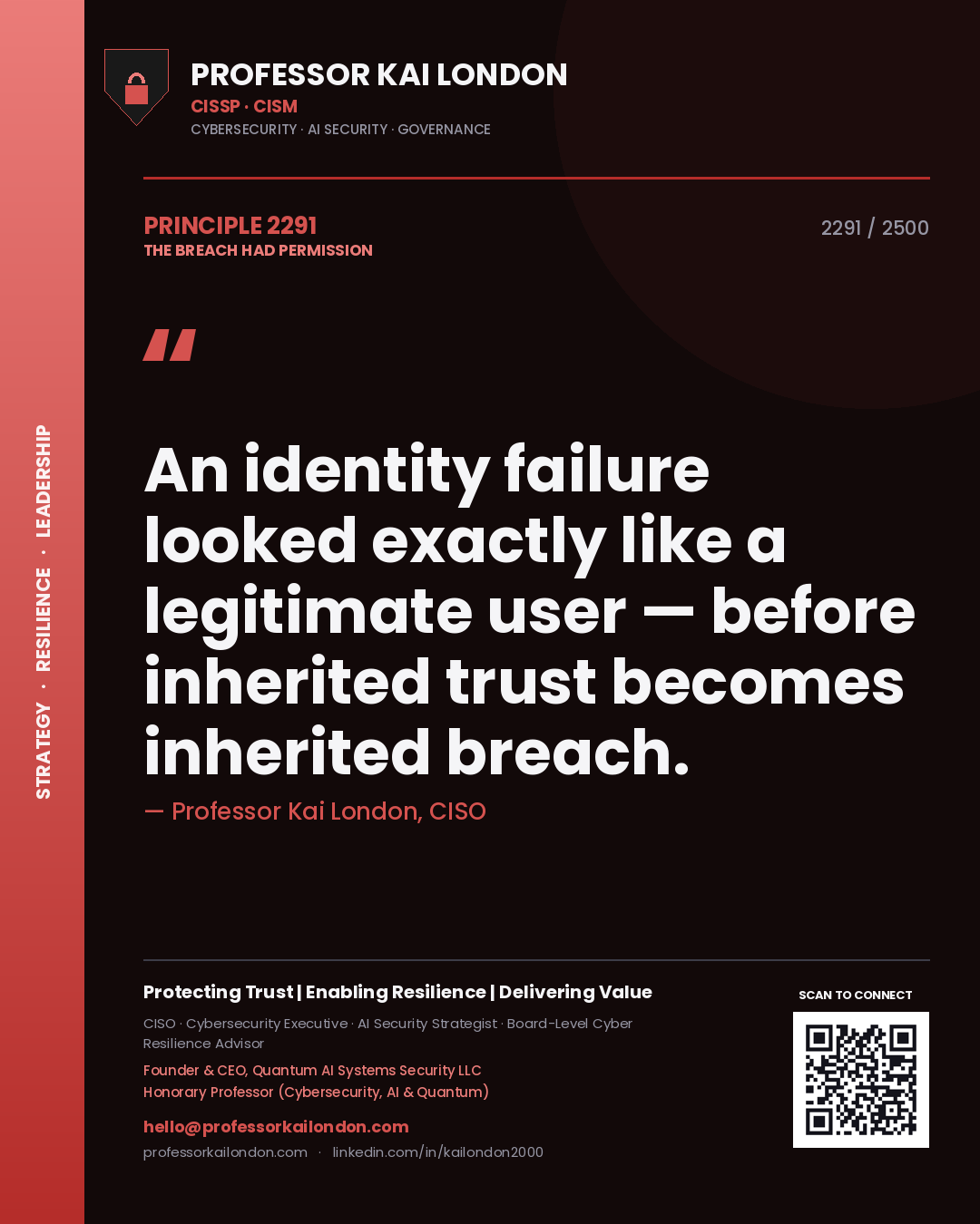 Professor Kai London principle 2291: An identity failure looked exactly like a legitimate user — before inherited trust becomes inherited breach.