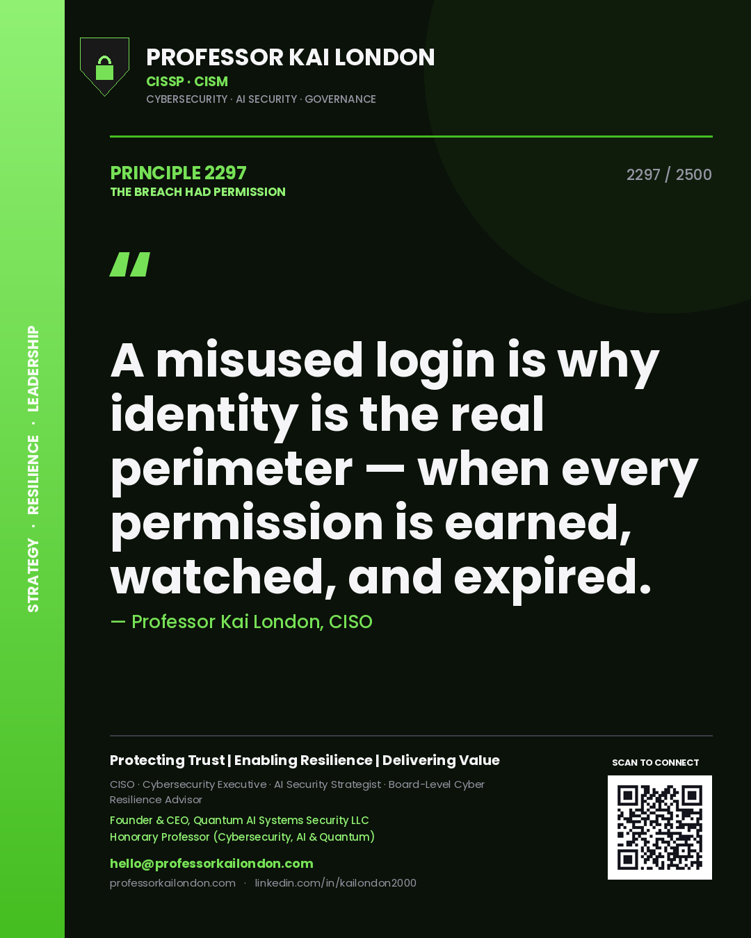 Quote card by Professor Kai London reading 'A misused login is why identity is the real perimeter — when every permission is earned, watched, and expired.'. From the book The Breach Had Permission.