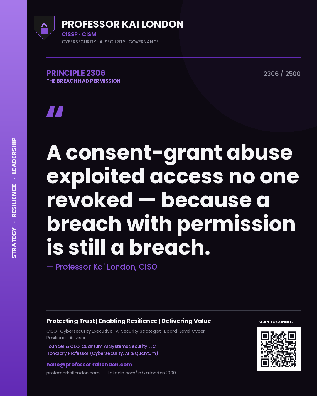 Quote card by Professor Kai London reading 'A consent-grant abuse exploited access no one revoked — because a breach with permission is still a breach.'. From the book The Breach Had Permission.