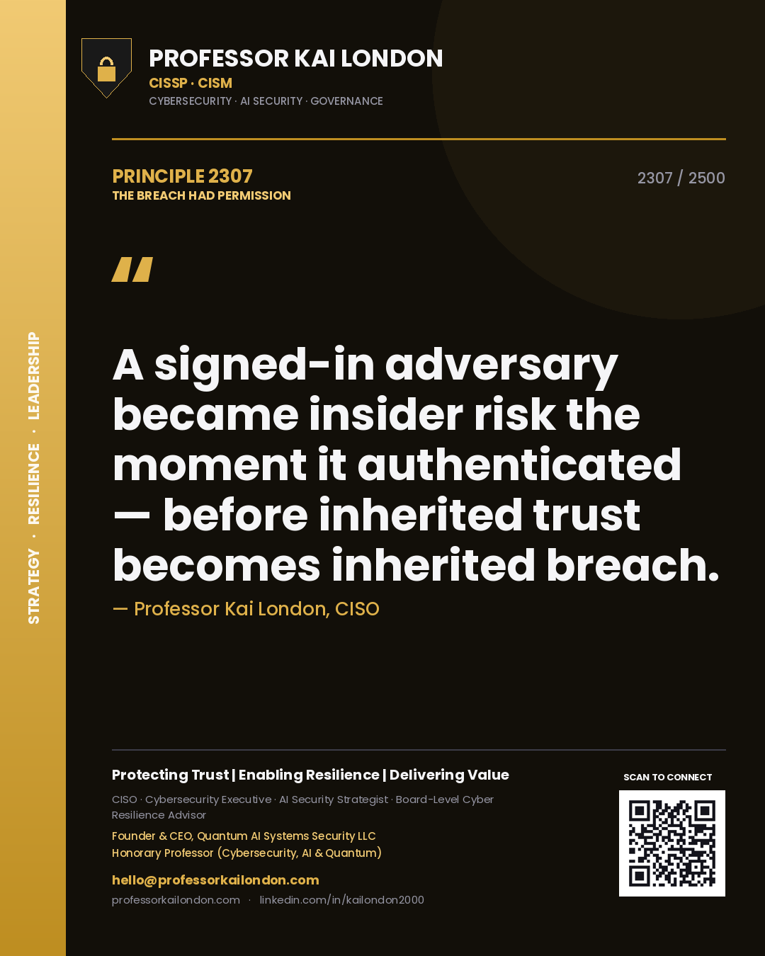 Quote card by Professor Kai London reading 'A signed-in adversary became insider risk the moment it authenticated — before inherited trust becomes inherited breach.'. From the book The Breach Had Permission.