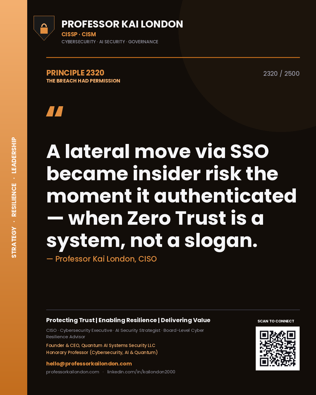 Quote card by Professor Kai London reading 'A lateral move via SSO became insider risk the moment it authenticated — when Zero Trust is a system, not a slogan.'. From the book The Breach Had Permission.