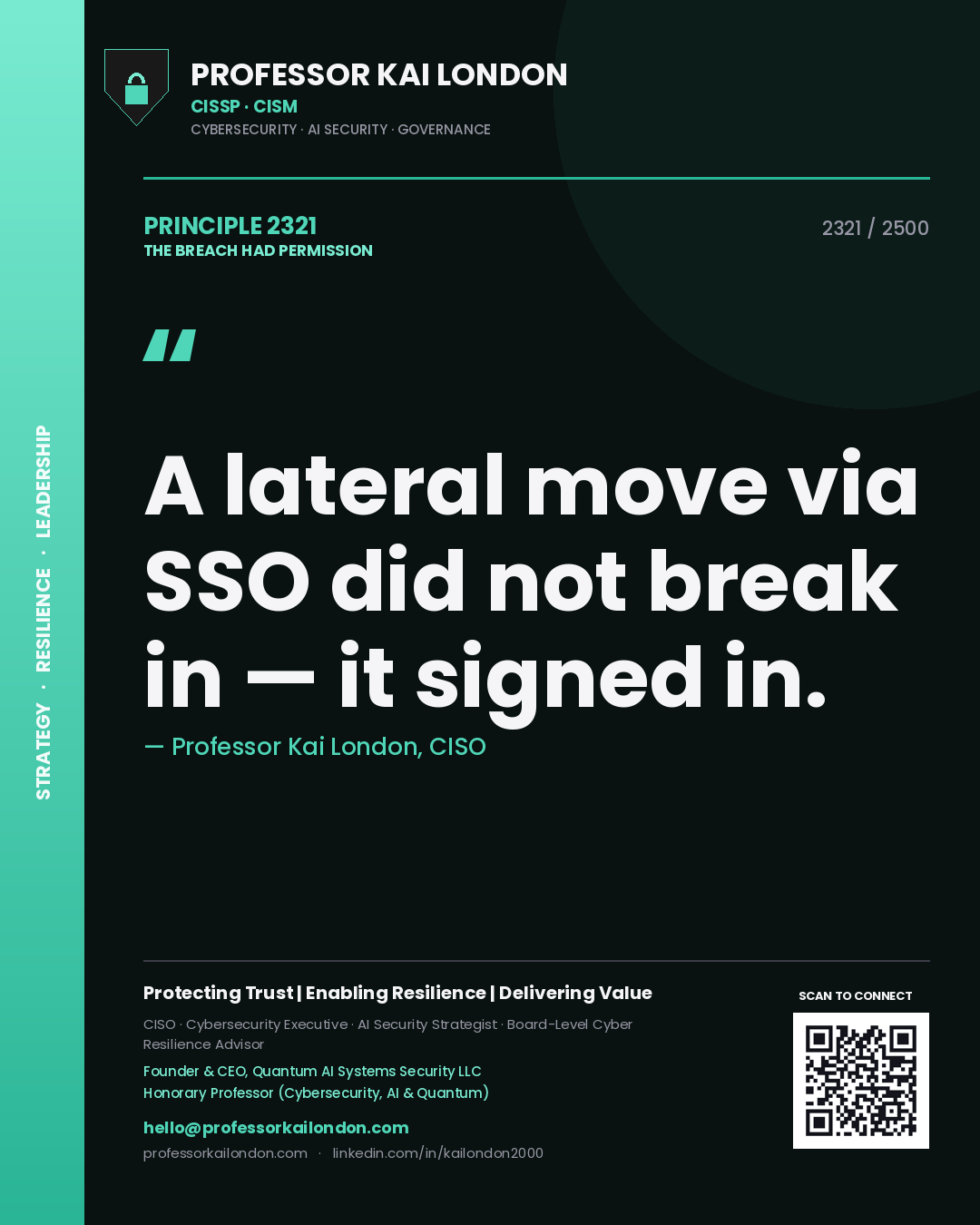 Quote card by Professor Kai London reading 'A lateral move via SSO did not break in — it signed in.'. From the book The Breach Had Permission.