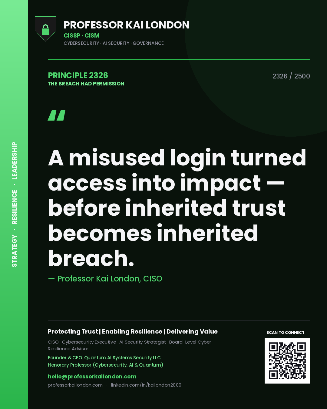 Quote card by Professor Kai London reading 'A misused login turned access into impact — before inherited trust becomes inherited breach.'. From the book The Breach Had Permission.