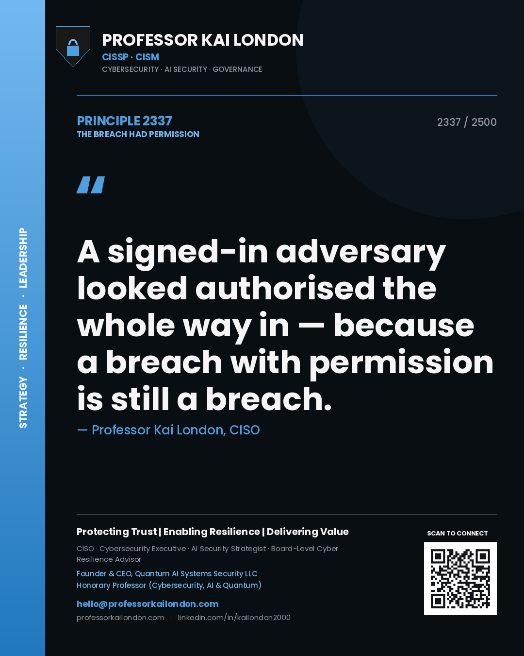 Professor Kai London principle 2337: A signed-in adversary looked authorised the whole way in — because a breach with permission is still a breach.