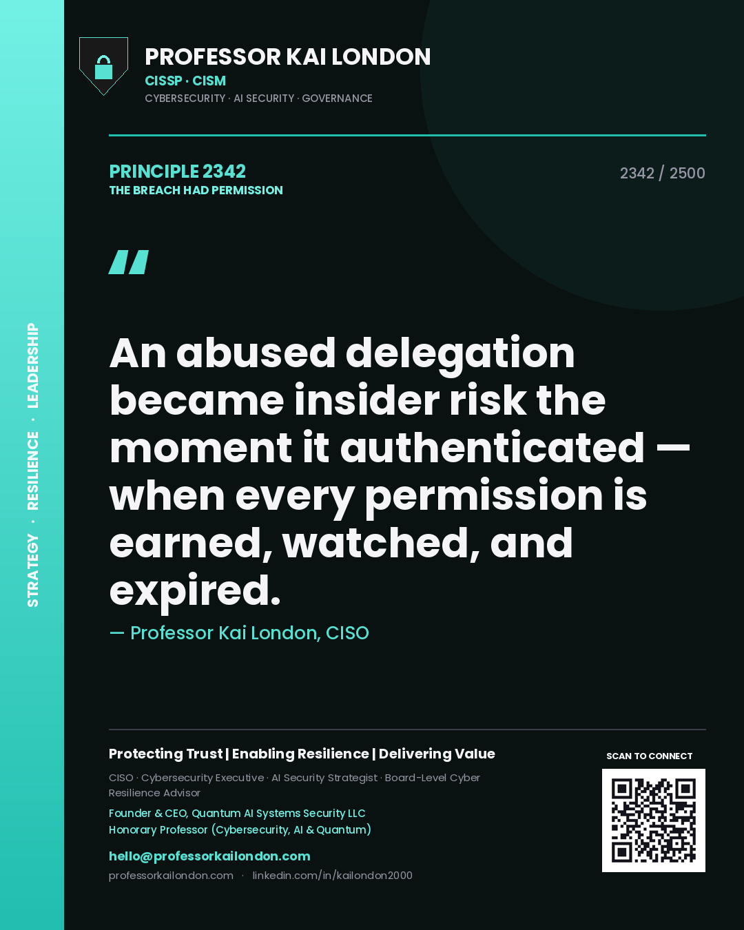 Professor Kai London principle 2342: An abused delegation became insider risk the moment it authenticated — when every permission is earned, watched, and expired.