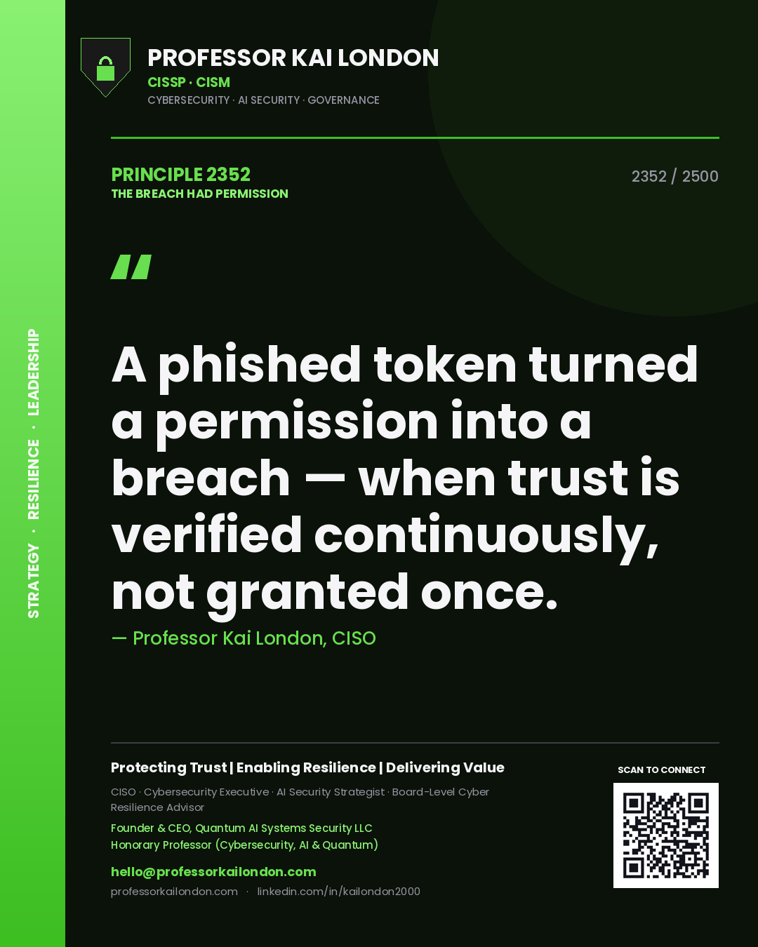 Professor Kai London principle 2352: A phished token turned a permission into a breach — when trust is verified continuously, not granted once.