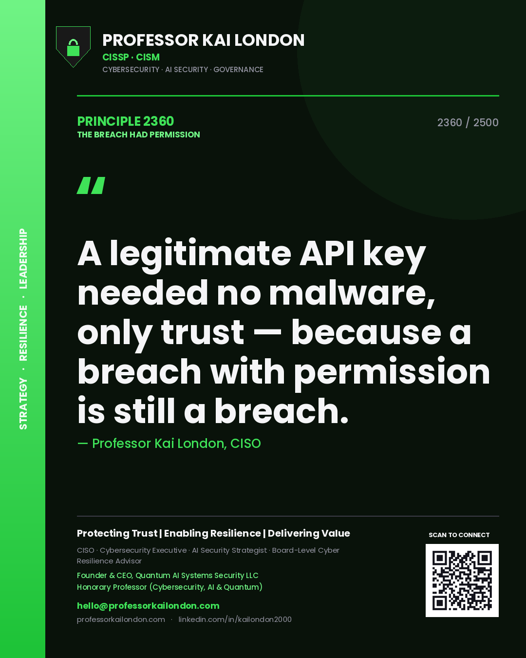 Quote card by Professor Kai London reading 'A legitimate API key needed no malware, only trust — because a breach with permission is still a breach.'. From the book The Breach Had Permission.
