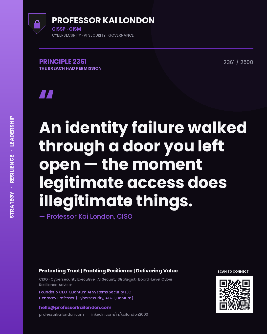 Quote card by Professor Kai London reading 'An identity failure walked through a door you left open — the moment legitimate access does illegitimate things.'. From the book The Breach Had Permission.