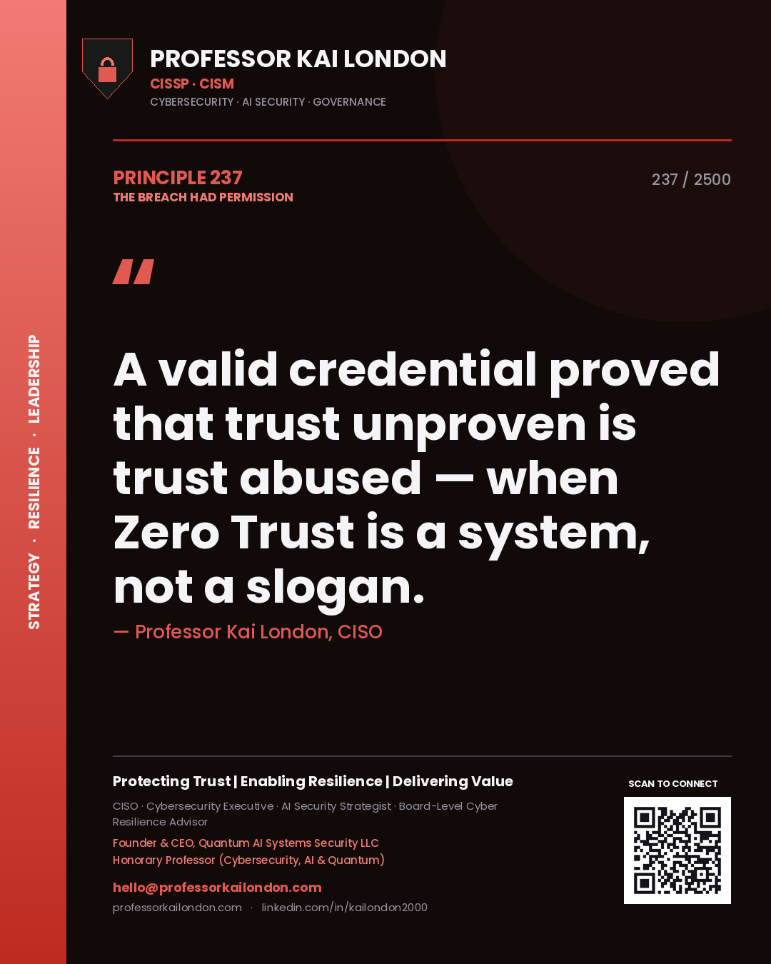 Professor Kai London principle 237: A valid credential proved that trust unproven is trust abused — when Zero Trust is a system, not a slogan.