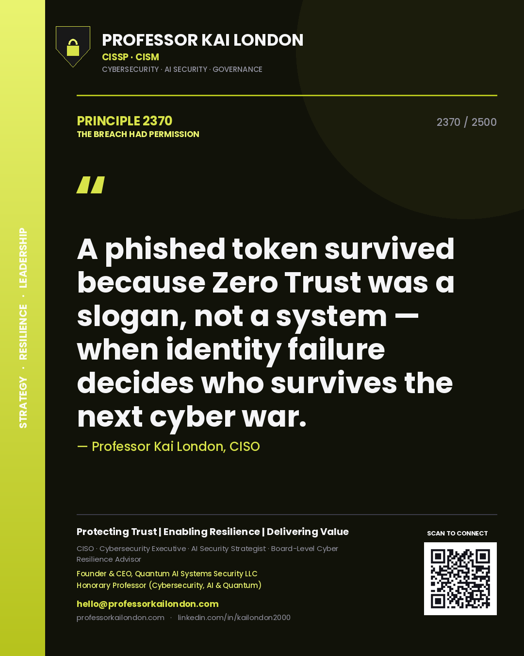 Professor Kai London principle 2370: A phished token survived because Zero Trust was a slogan, not a system — when identity failure decides who survives the next cyber war.