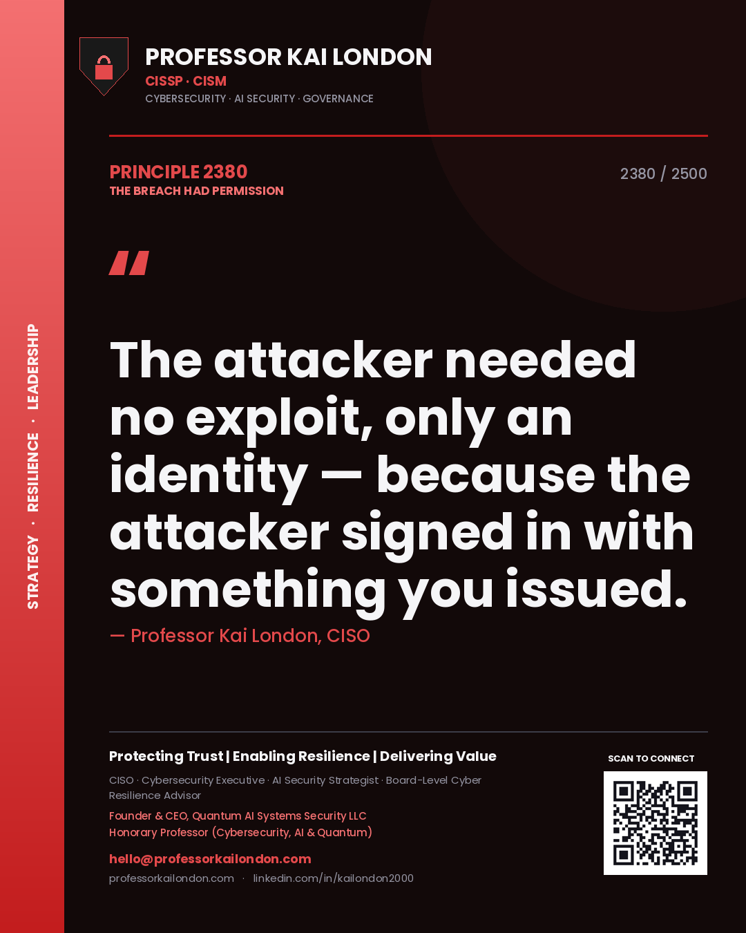 Professor Kai London principle 2380: The attacker needed no exploit, only an identity — because the attacker signed in with something you issued.