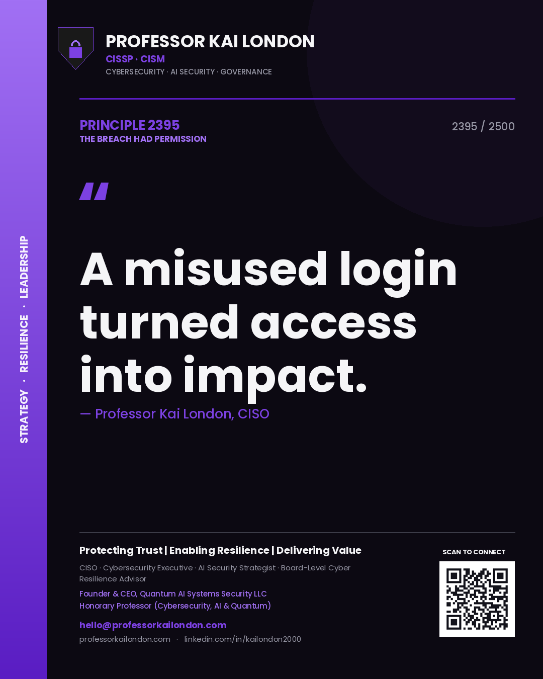 Professor Kai London principle 2395: A misused login turned access into impact.