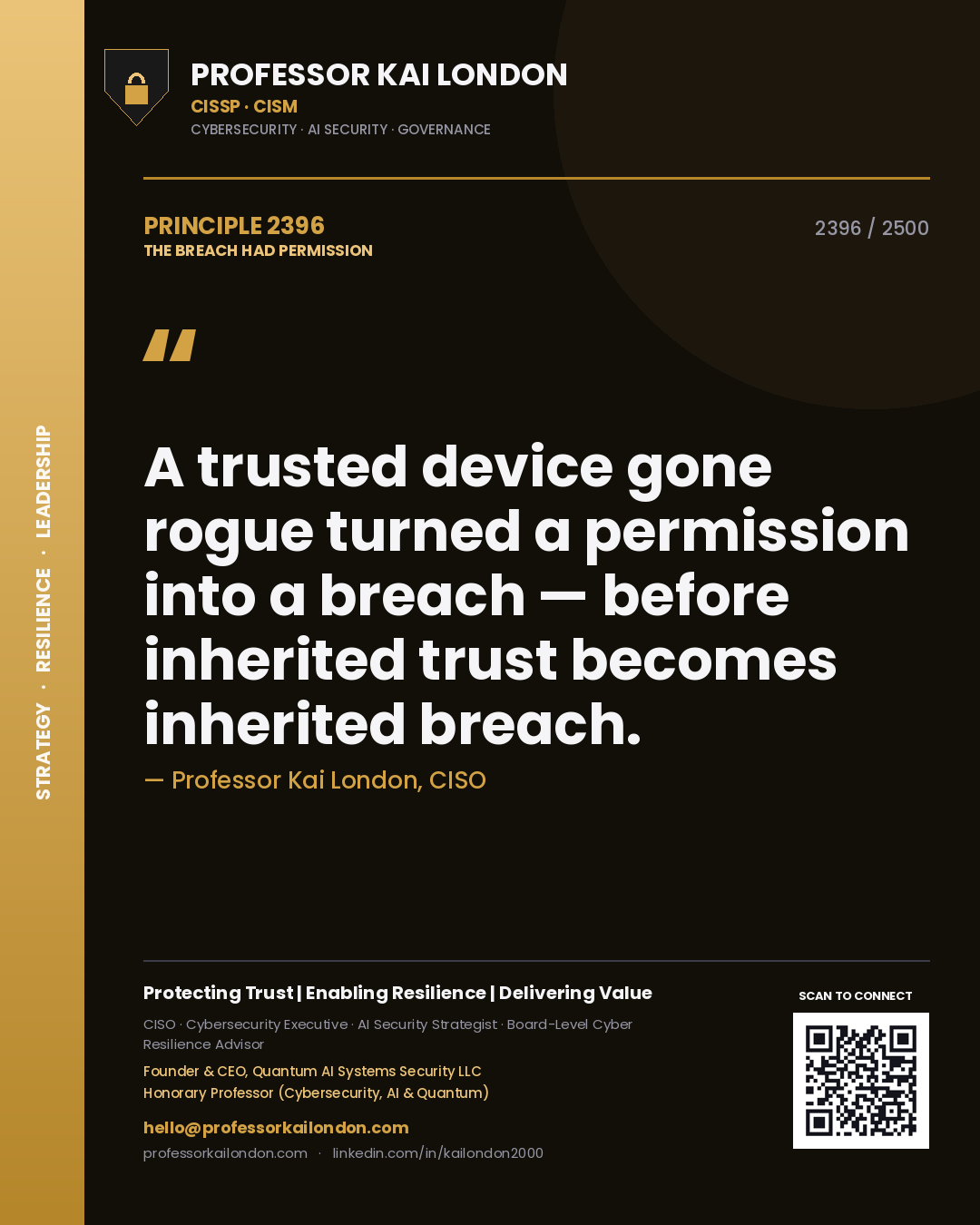 Professor Kai London principle 2396: A trusted device gone rogue turned a permission into a breach — before inherited trust becomes inherited breach.