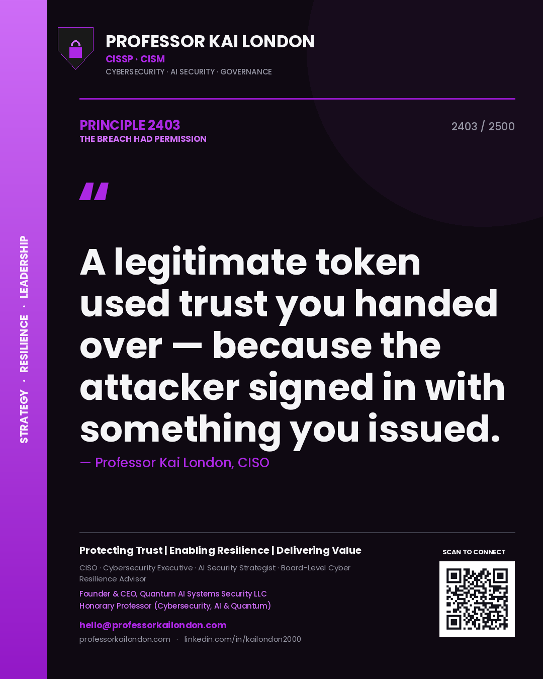 Professor Kai London principle 2403: A legitimate token used trust you handed over — because the attacker signed in with something you issued.