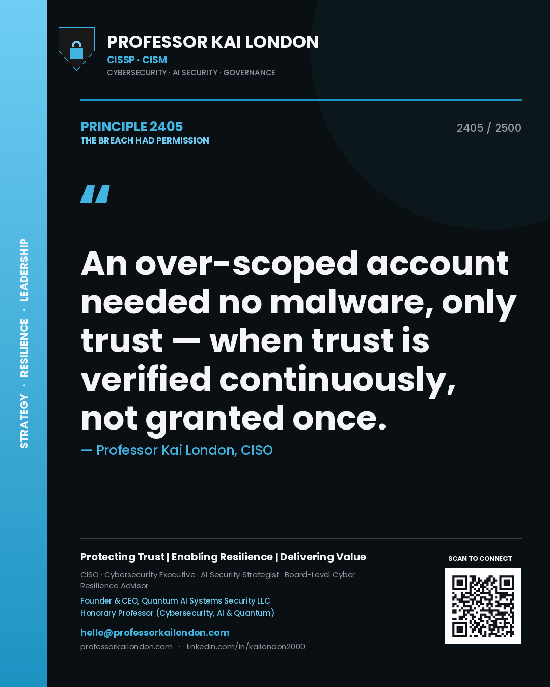 Professor Kai London principle 2405: An over-scoped account needed no malware, only trust — when trust is verified continuously, not granted once.