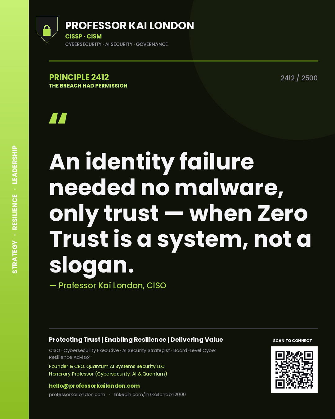 Professor Kai London principle 2412: An identity failure needed no malware, only trust — when Zero Trust is a system, not a slogan.