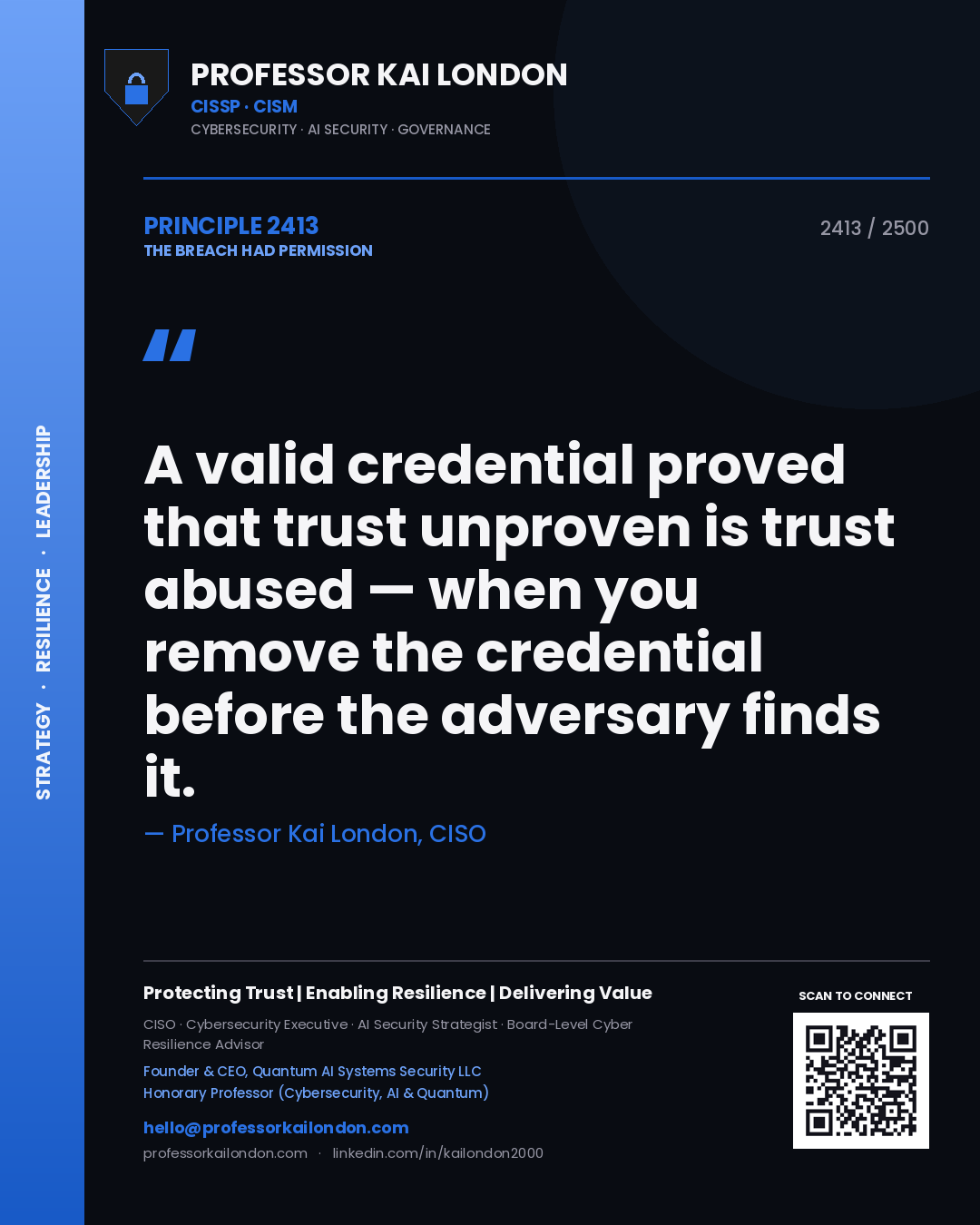 Quote card by Professor Kai London reading 'A valid credential proved that trust unproven is trust abused — when you remove the credential before the adversary finds it.'. From the book The Breach Had Permission.