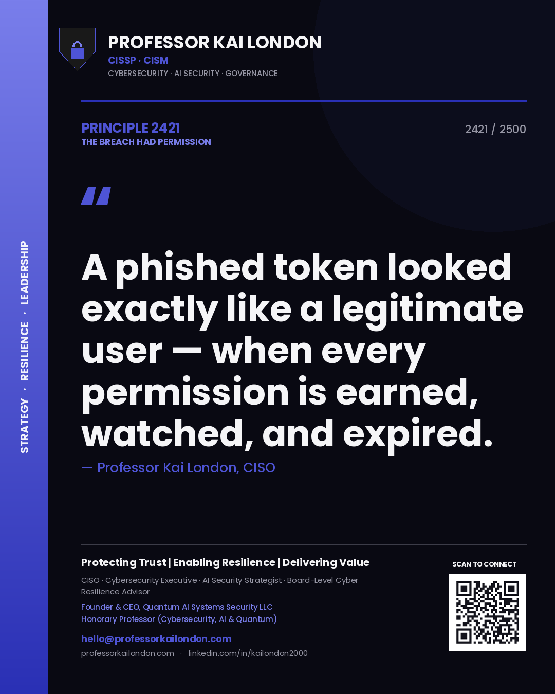 Quote card by Professor Kai London reading 'A phished token looked exactly like a legitimate user — when every permission is earned, watched, and expired.'. From the book The Breach Had Permission.