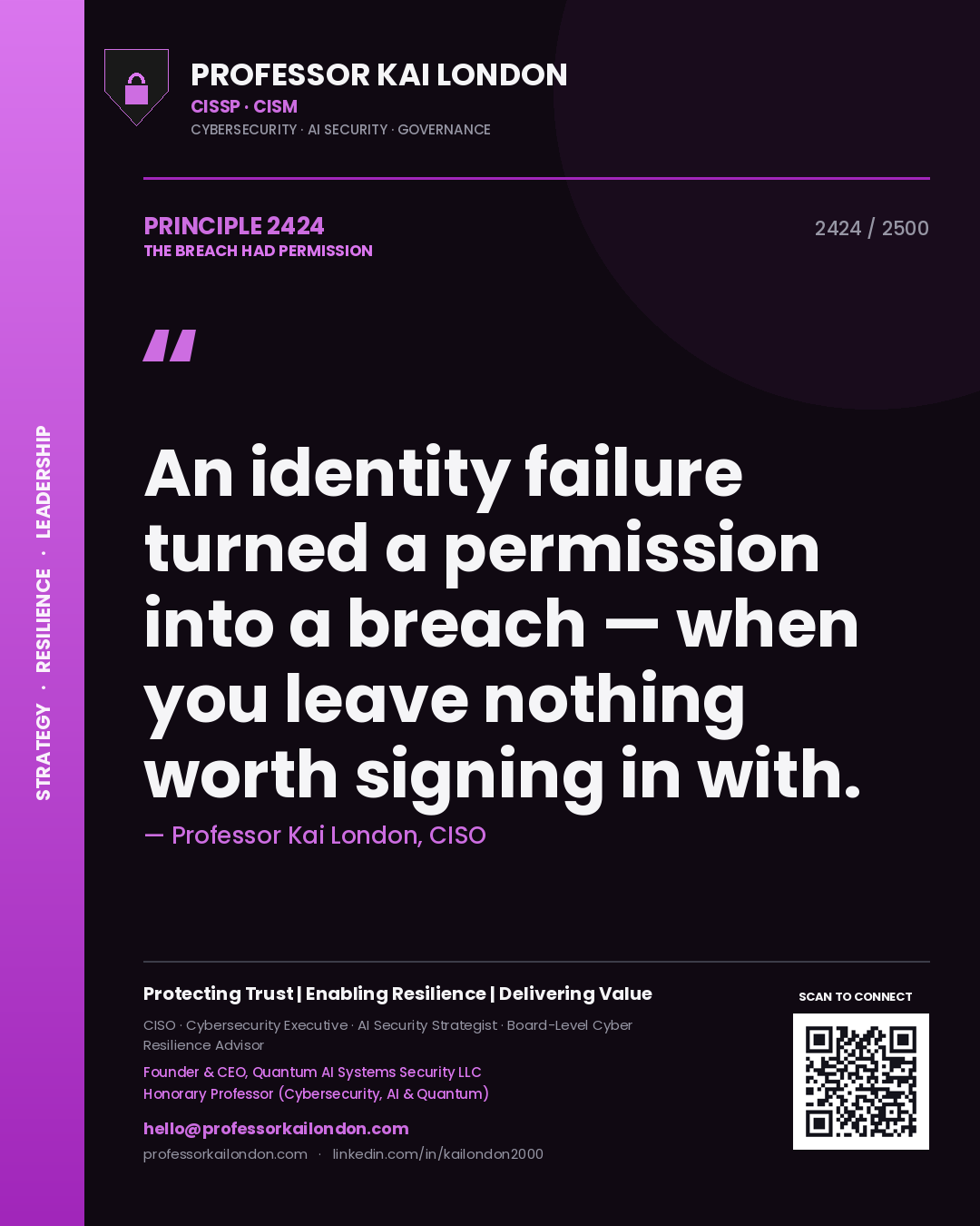 Quote card by Professor Kai London reading 'An identity failure turned a permission into a breach — when you leave nothing worth signing in with.'. From the book The Breach Had Permission.