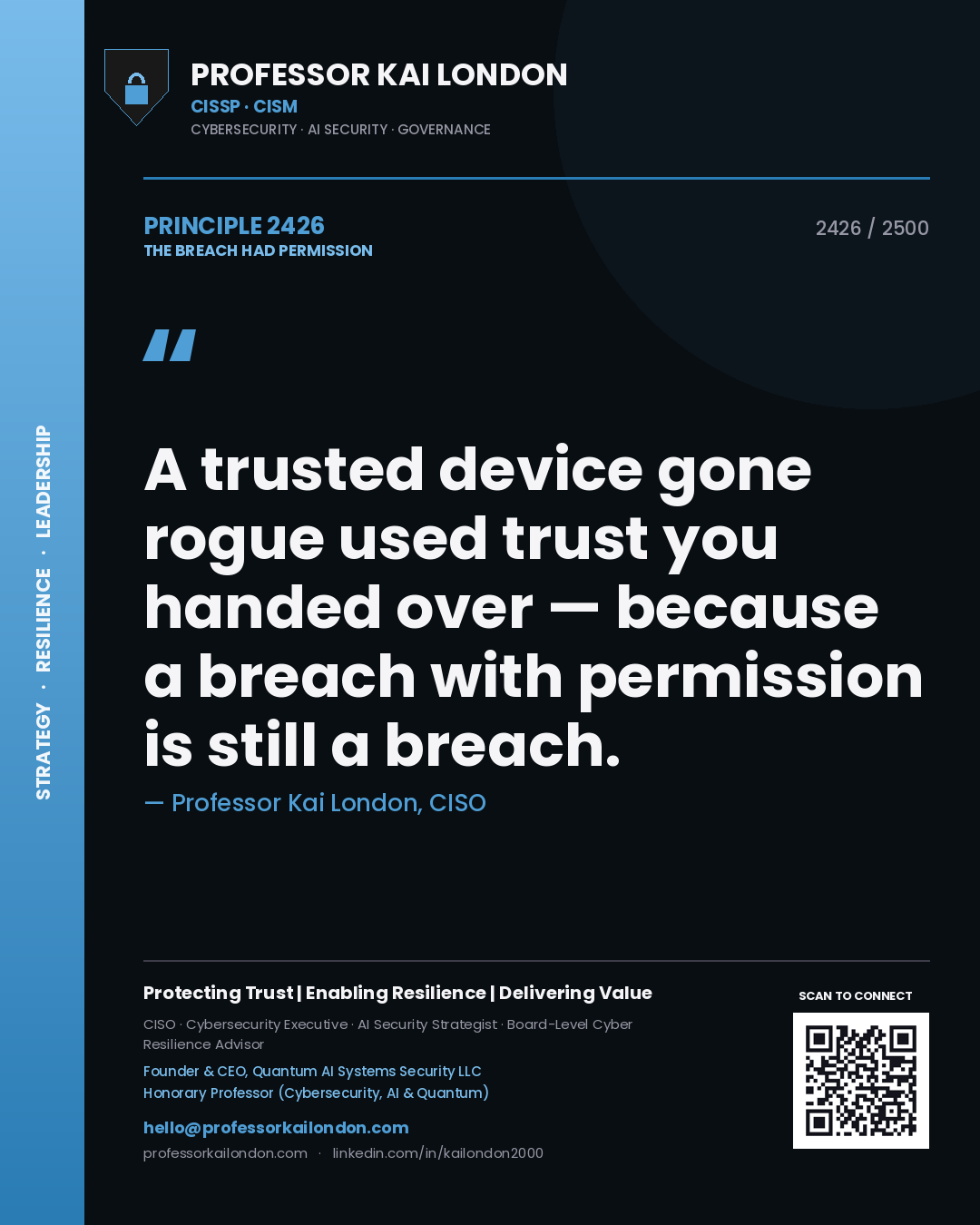 Professor Kai London principle 2426: A trusted device gone rogue used trust you handed over — because a breach with permission is still a breach.