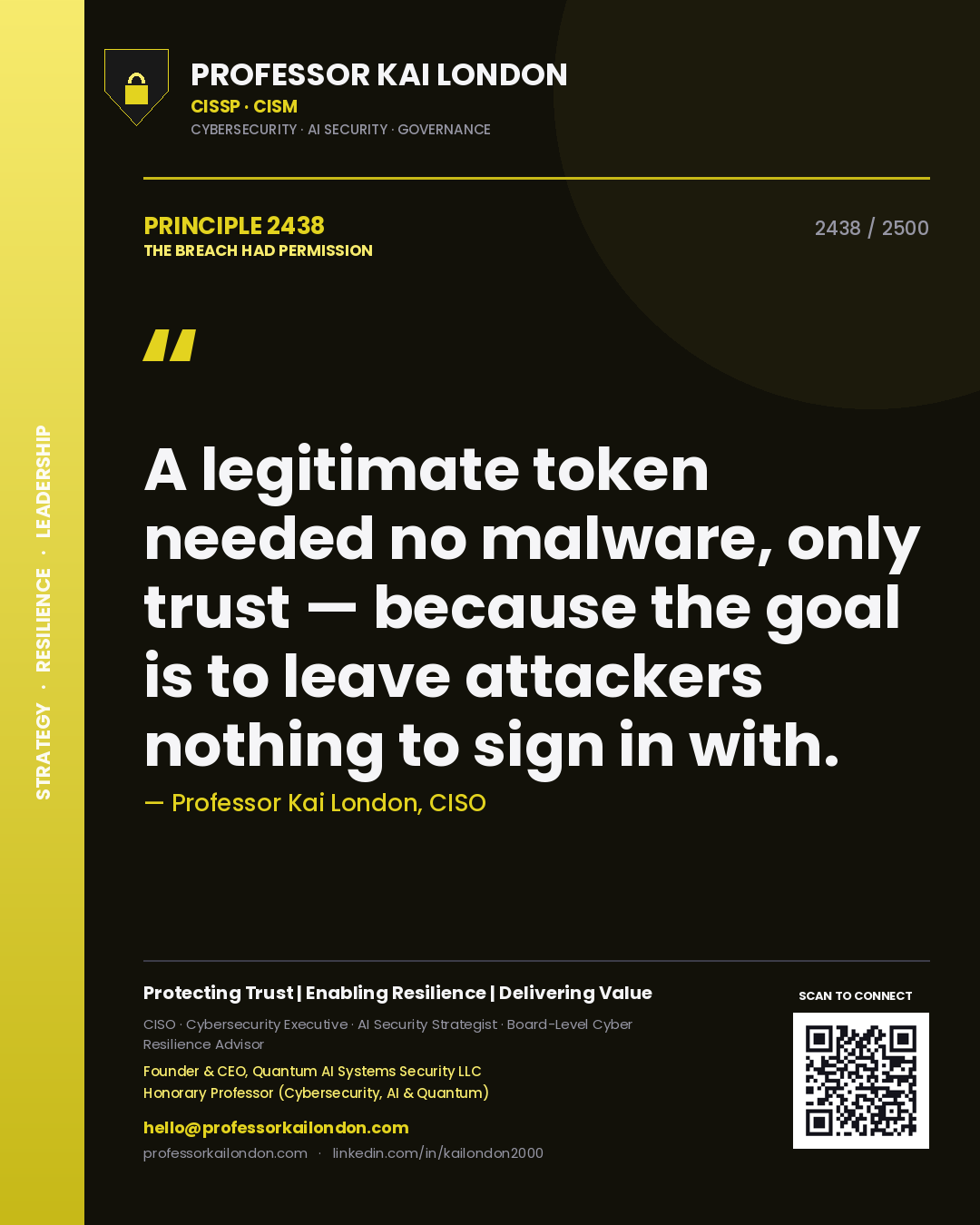 Quote card by Professor Kai London reading 'A legitimate token needed no malware, only trust — because the goal is to leave attackers nothing to sign in with.'. From the book The Breach Had Permission.