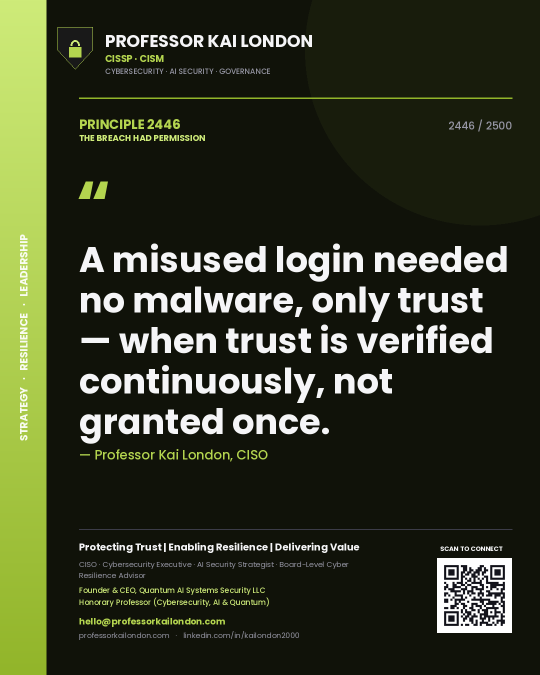 Professor Kai London principle 2446: A misused login needed no malware, only trust — when trust is verified continuously, not granted once.