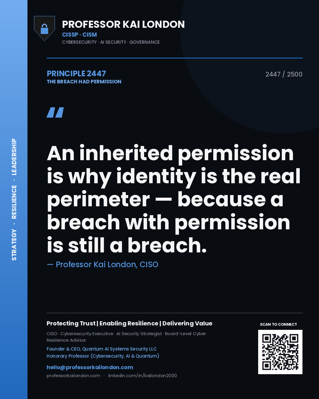 Professor Kai London principle 2447: An inherited permission is why identity is the real perimeter — because a breach with permission is still a breach.