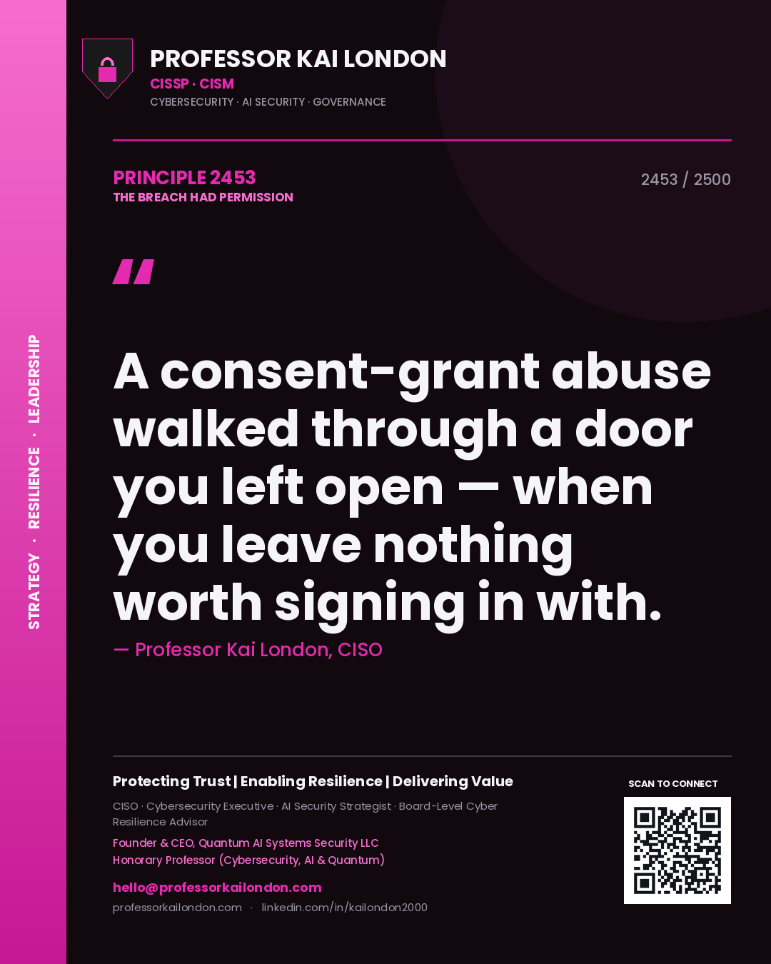 Professor Kai London principle 2453: A consent-grant abuse walked through a door you left open — when you leave nothing worth signing in with.