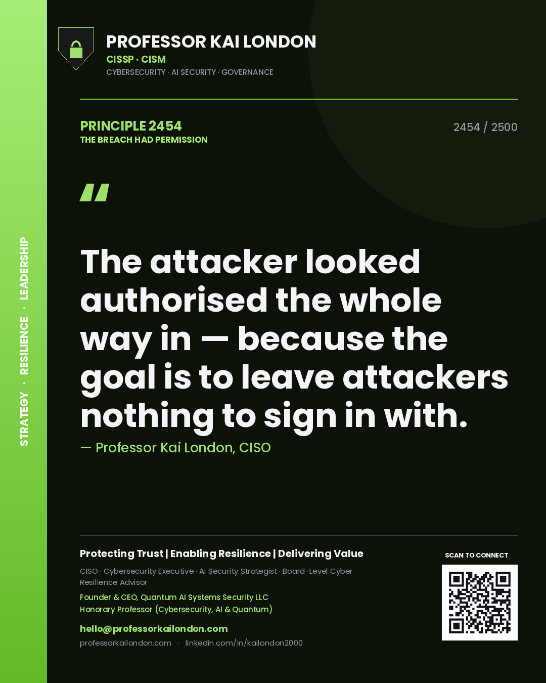 Quote card by Professor Kai London reading 'The attacker looked authorised the whole way in — because the goal is to leave attackers nothing to sign in with.'. From the book The Breach Had Permission.